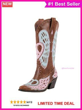 Western Cowgirl Boots Angel Wing Embroidery Faux Leather Mid Calf Chunky Heel